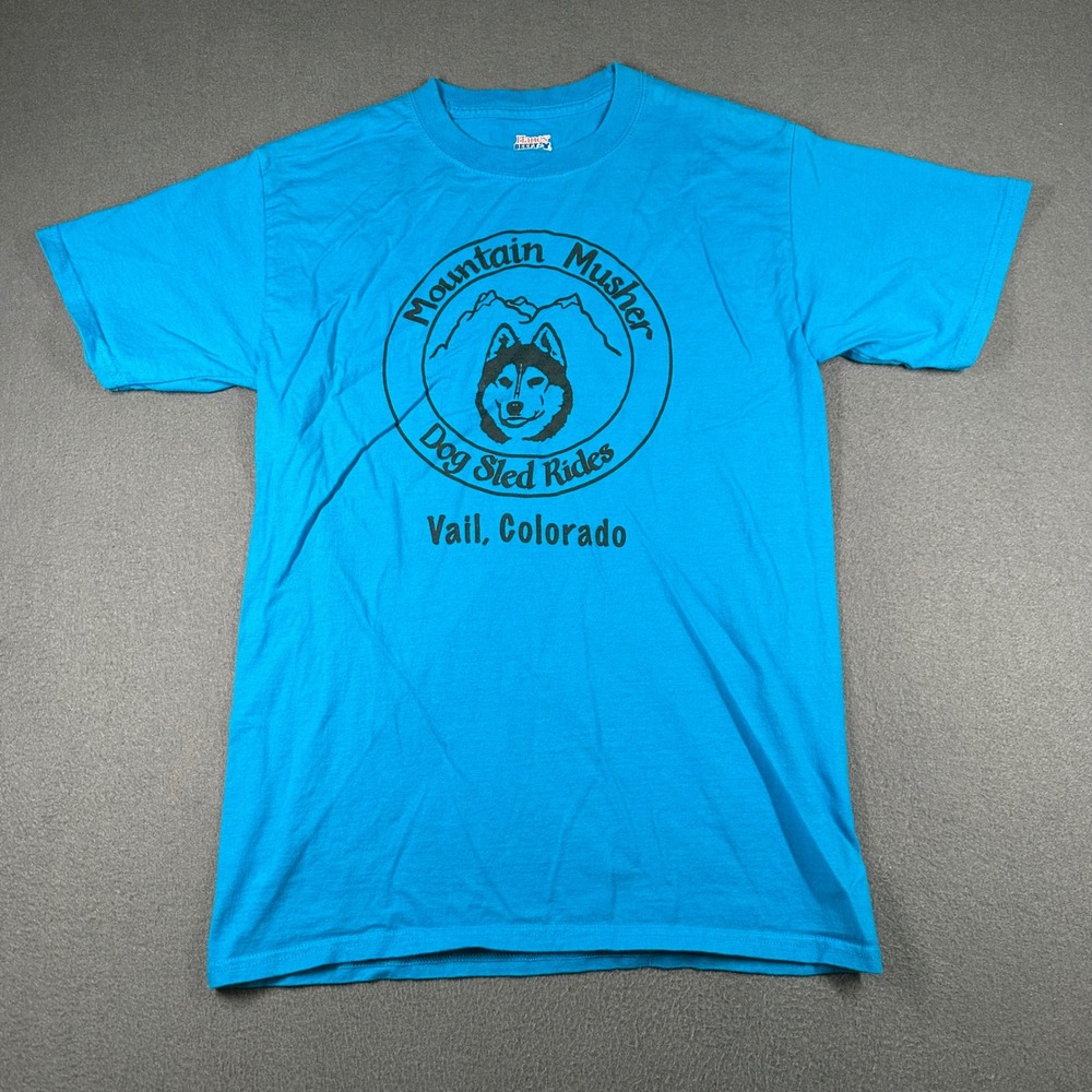 Mountain Musher Dog Sled Rides Tee Small Vail Colorado‎ Blue Hanes Beefy T Shirt